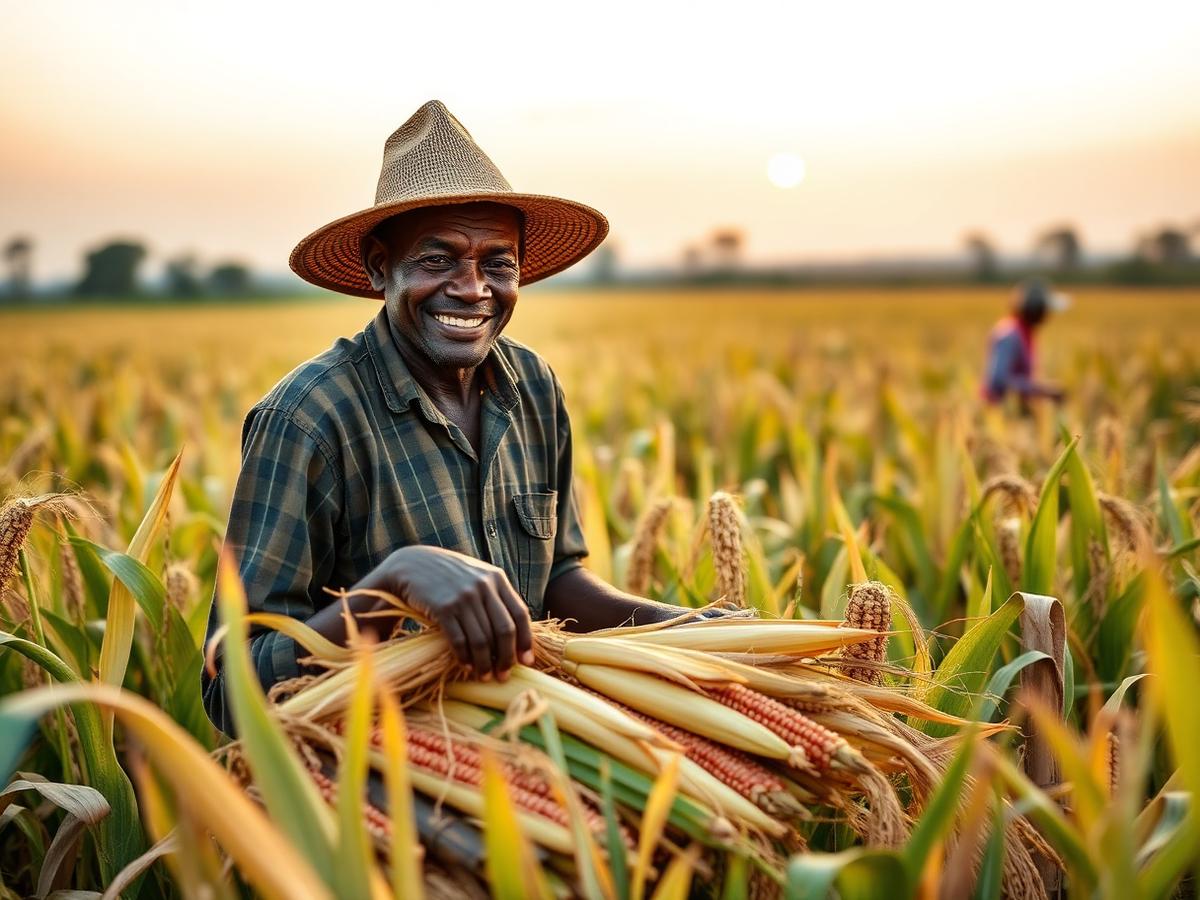 Kenyan farmer harvesting maize at sunrise