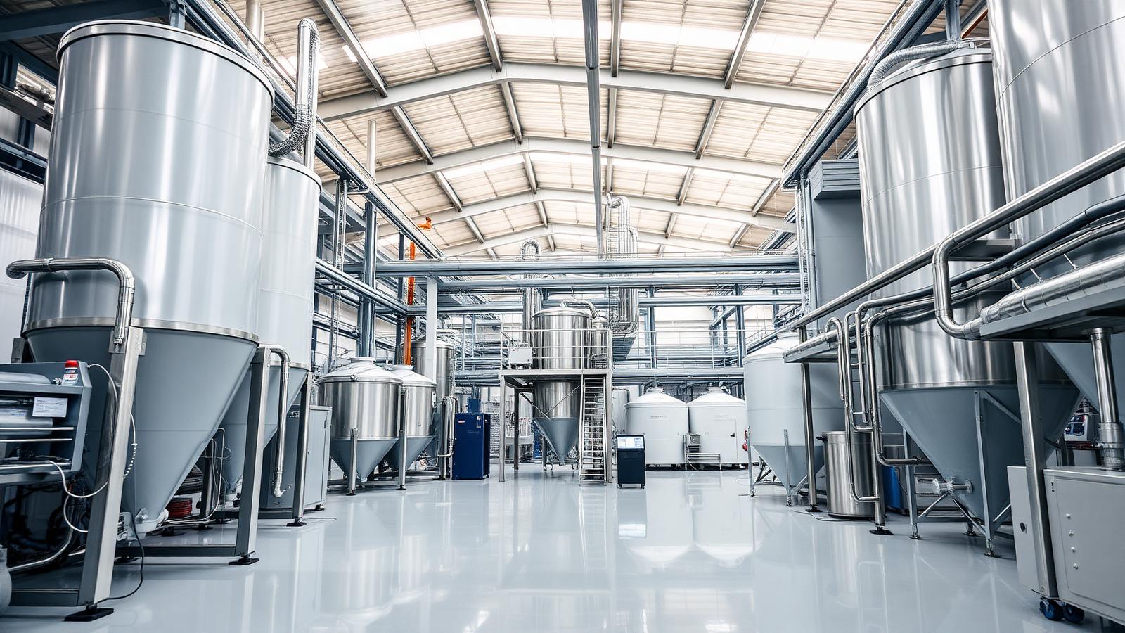 Modern grain milling facility interior with silos and conveyor systems