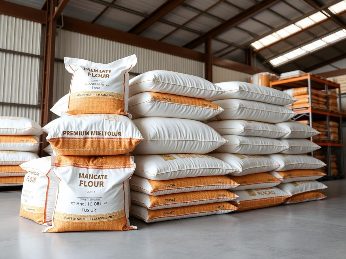 Stacked maize flour and animal feed bags in a clean warehouse